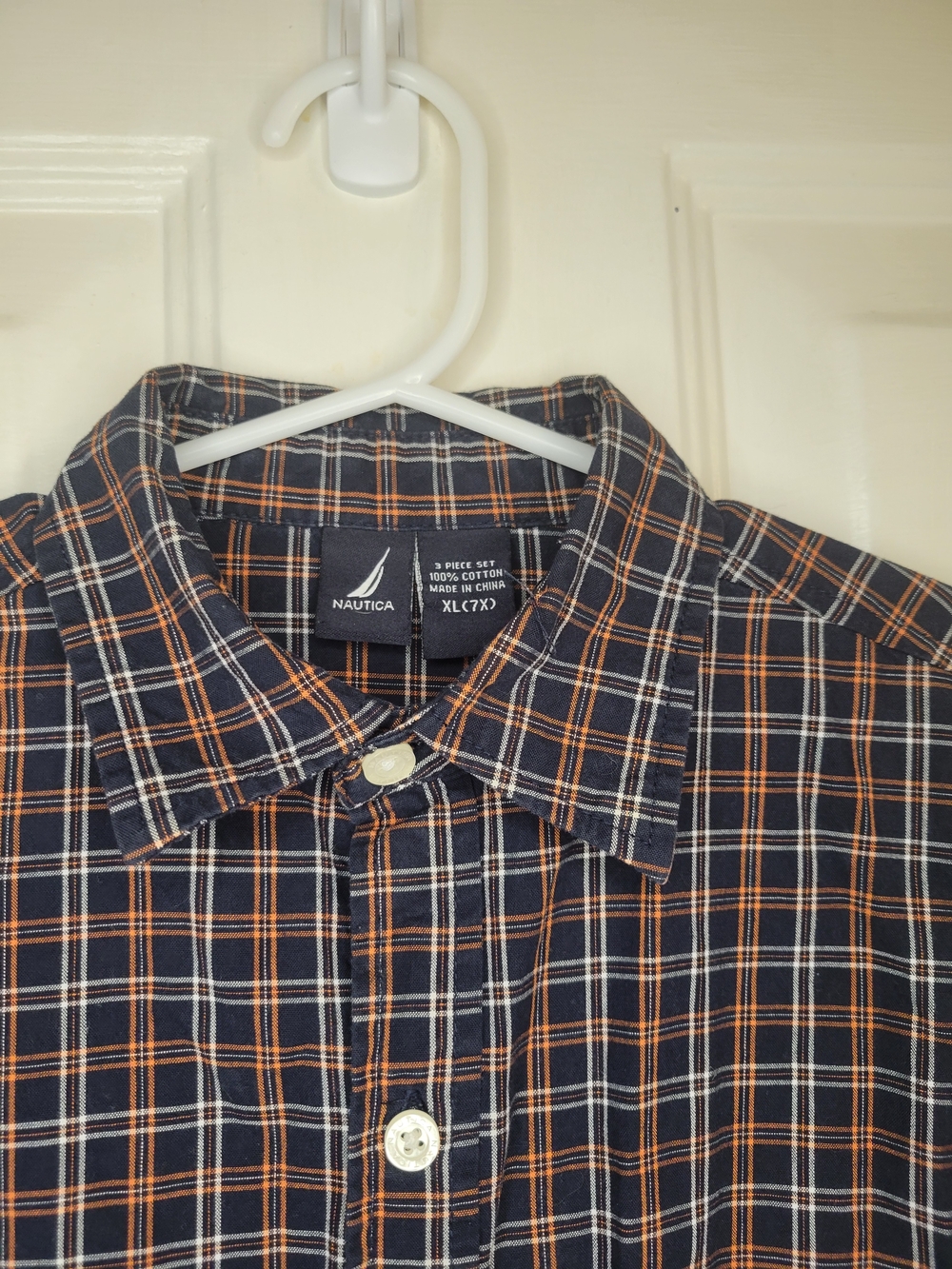 Nautica Navy and Orange Plaid Button-Up Shirt. - Picture 6 of 6